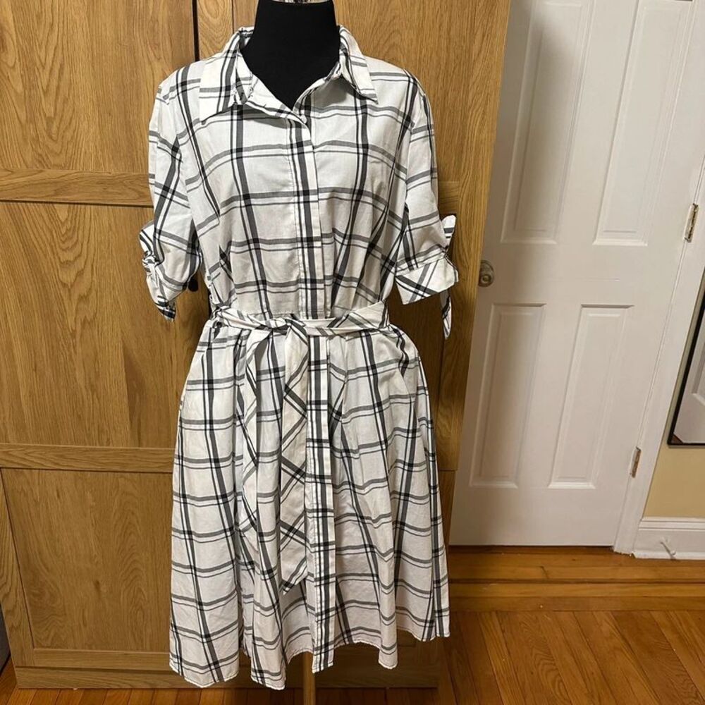 Calvin Klein Shirt Dress 14 White Black Plaid Belted A-Line Retro Button Front